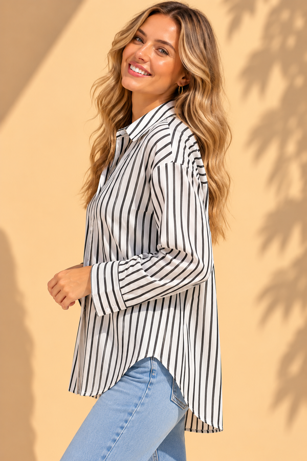 Classic Black & White Vertical Stripe Casual Cotton Shirt