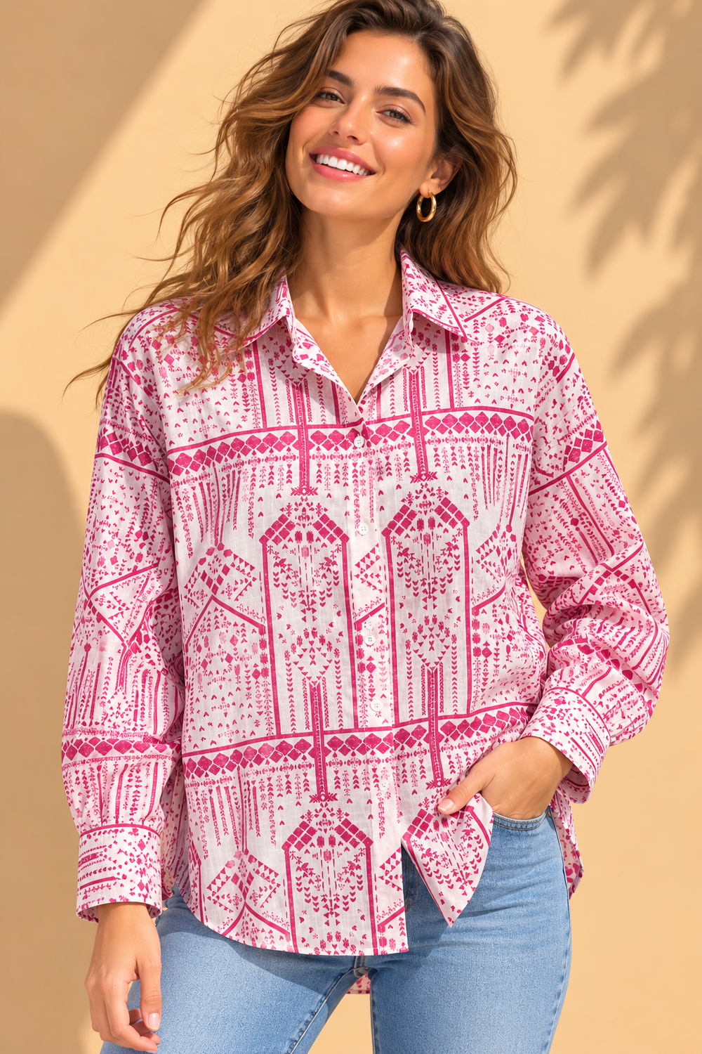 Fuchsia Pink Tribal Geometric Printed Casual Cotton Shirt