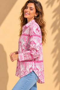Fuchsia Pink Tribal Geometric Printed Casual Cotton Shirt