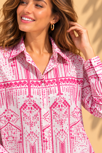 Fuchsia Pink Tribal Geometric Printed Casual Cotton Shirt