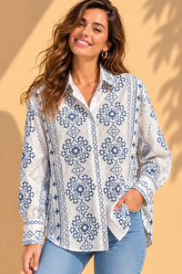 Indigo Blue Tile Medallion Geometric Printed Cotton Shirt