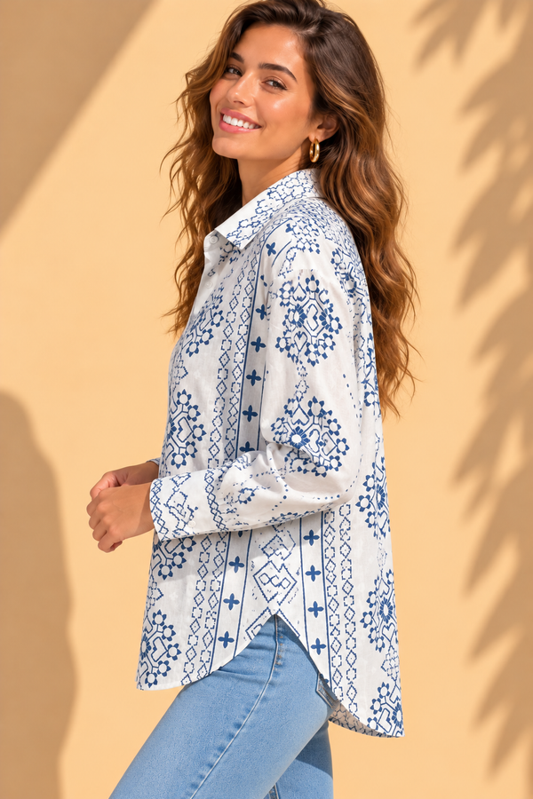 Indigo Blue Tile Medallion Geometric Printed Cotton Shirt