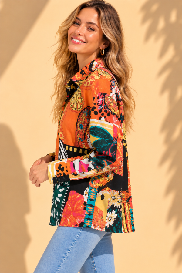 Tropical Baroque Patchwork Printed Casual Cotton Shirt