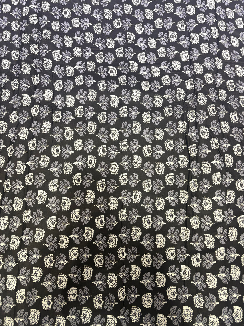 Charcoal Black & Grey Floral Hand-Block Printed Cotton Fabric