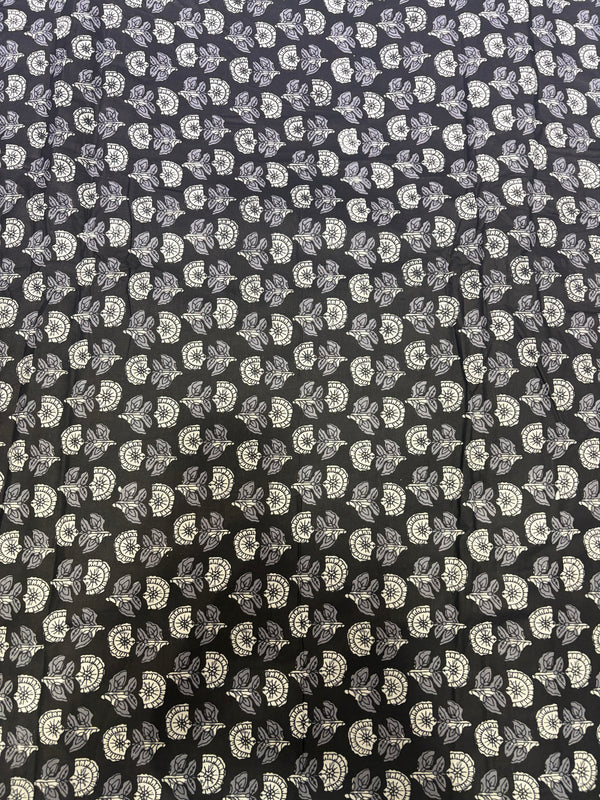 Charcoal Black & Grey Floral Hand-Block Printed Cotton Fabric