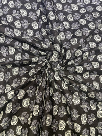 Charcoal Black & Grey Floral Hand-Block Printed Cotton Fabric
