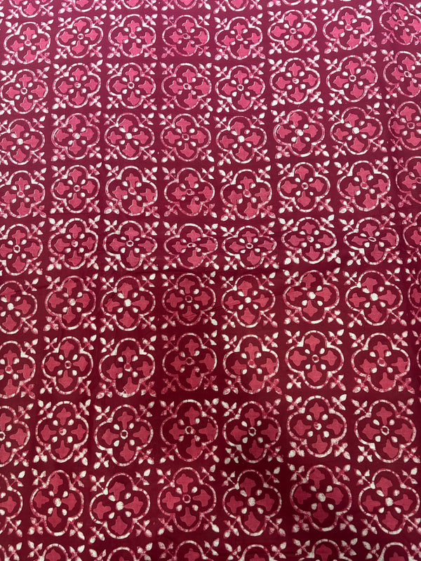 Maroon & Crimson Geometric Quatrefoil Hand-Block Printed Cotton Fabric
