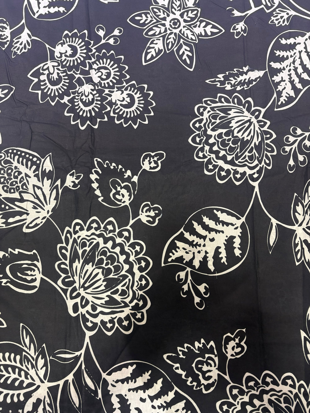 Jet Black Bold Floral Hand-Block Printed Cotton Fabric