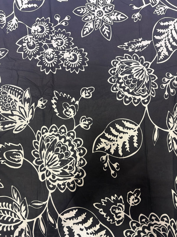 Jet Black Bold Floral Hand-Block Printed Cotton Fabric