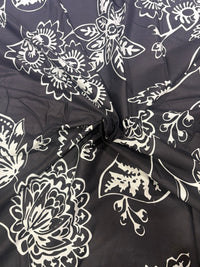 Jet Black Bold Floral Hand-Block Printed Cotton Fabric
