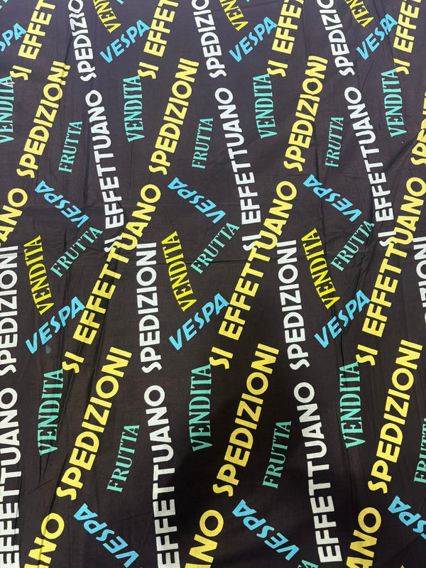 Black Italian Typographic Street-Art Printed Cotton Fabric