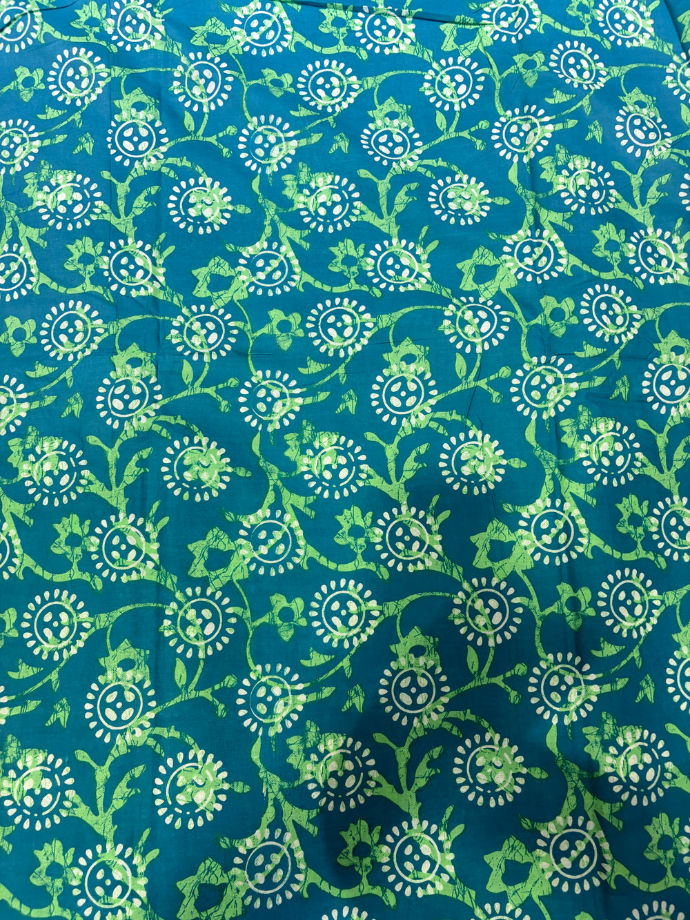 Turquoise & Lime Green Floral Hand-Block Printed Cotton Fabric