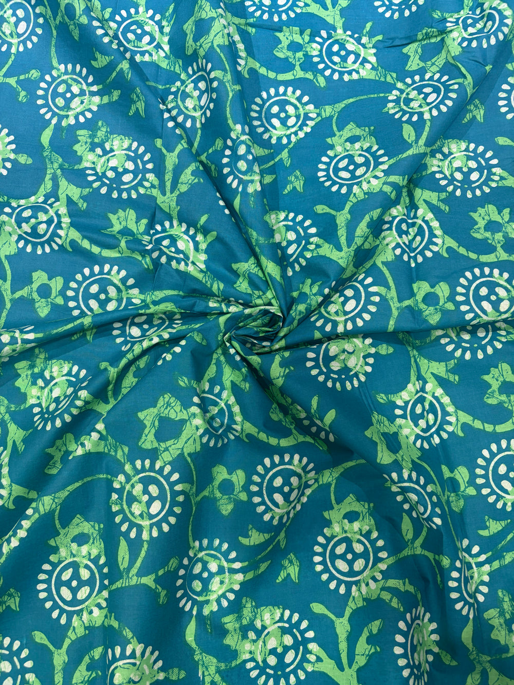 Turquoise & Lime Green Floral Hand-Block Printed Cotton Fabric