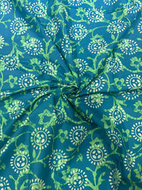 Turquoise & Lime Green Floral Hand-Block Printed Cotton Fabric