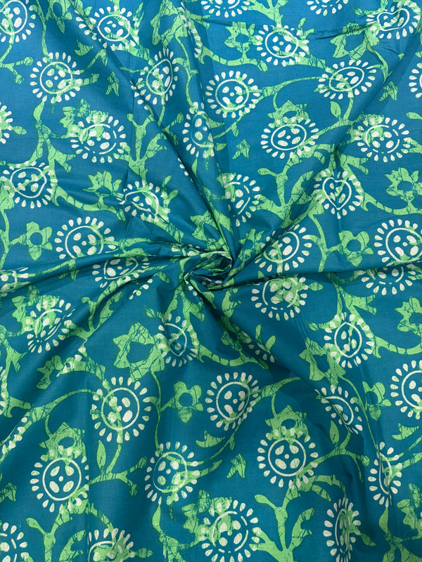 Turquoise & Lime Green Floral Hand-Block Printed Cotton Fabric