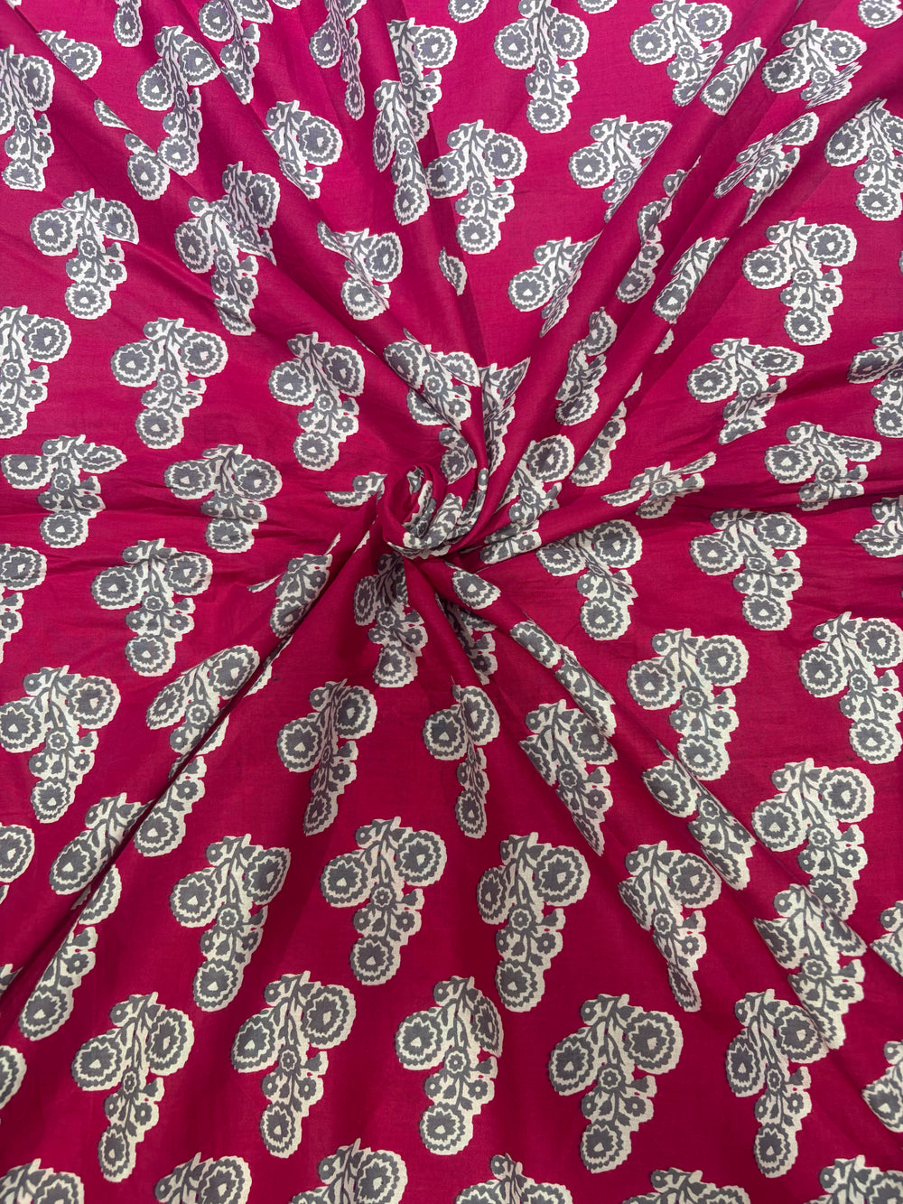Rani Pink & Sage Grey Booti Hand-Block Printed Cotton Fabric