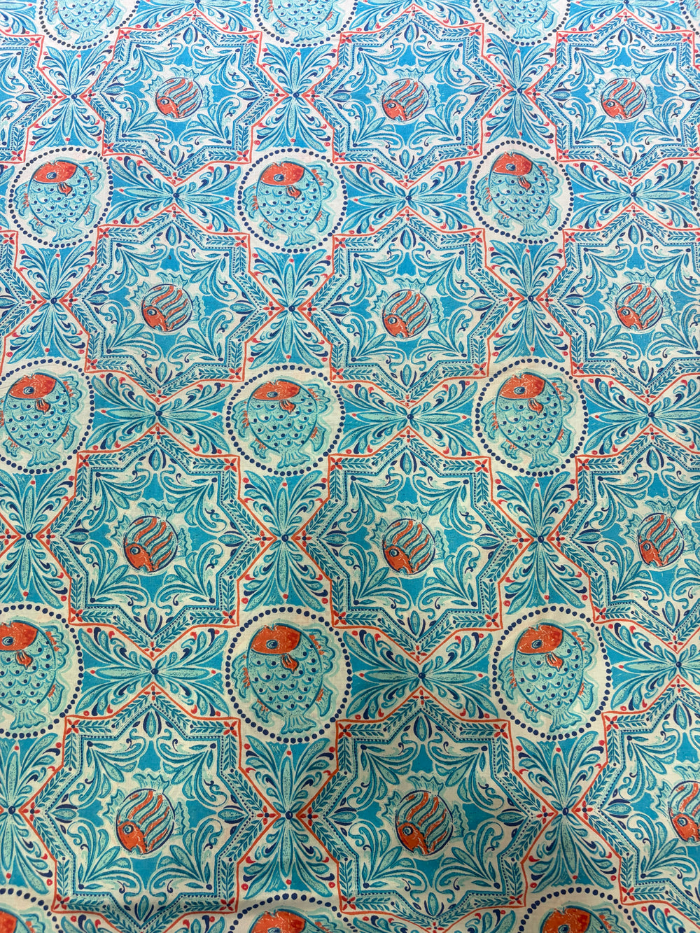 Sky Blue Ceramic-Tile & Fish Hand-Block Printed Cotton Fabric