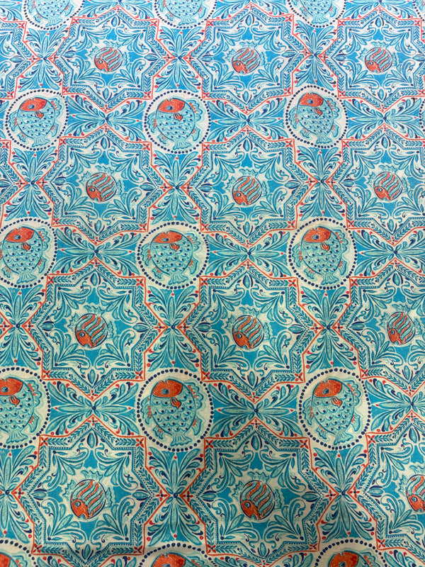 Sky Blue Ceramic-Tile & Fish Hand-Block Printed Cotton Fabric