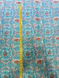 Sky Blue Ceramic-Tile & Fish Hand-Block Printed Cotton Fabric