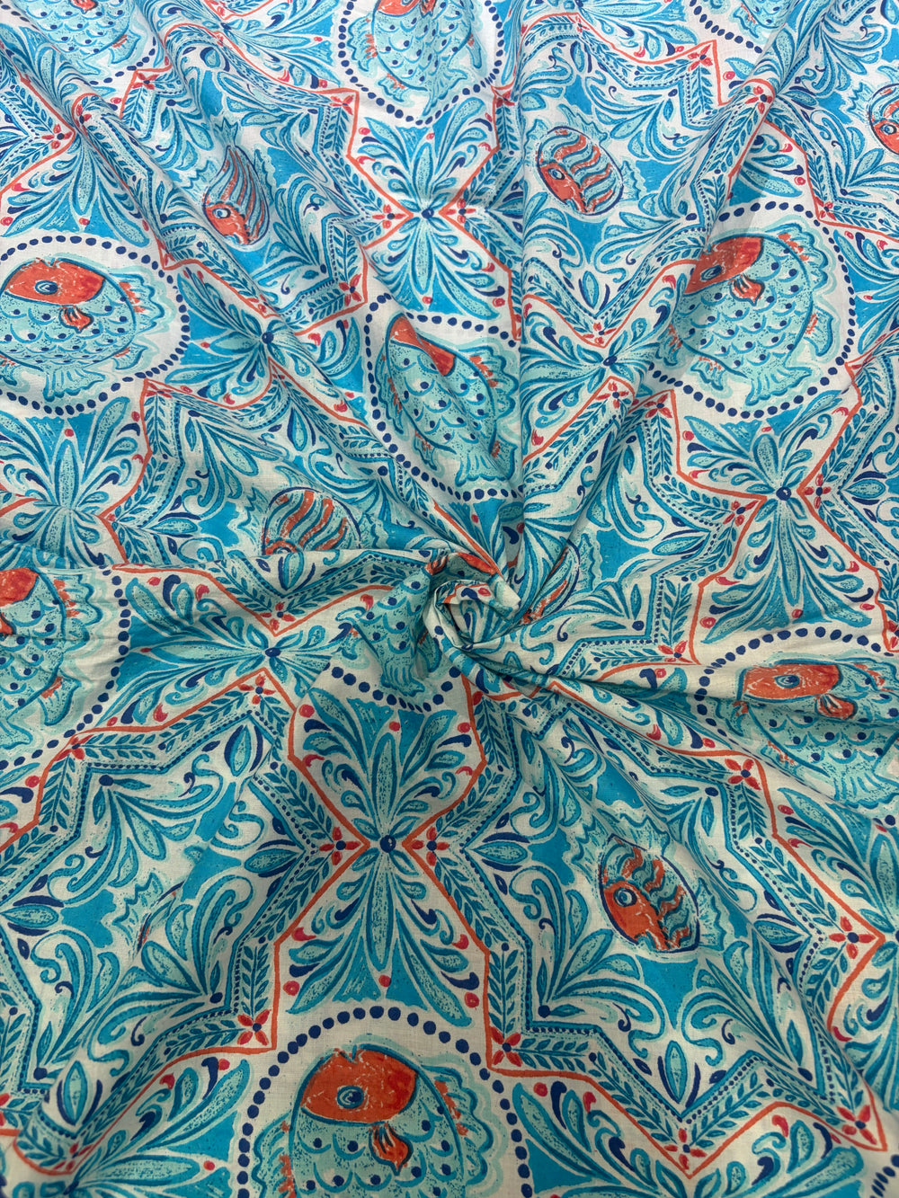 Sky Blue Ceramic-Tile & Fish Hand-Block Printed Cotton Fabric