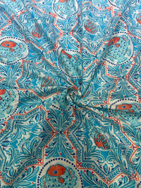 Sky Blue Ceramic-Tile & Fish Hand-Block Printed Cotton Fabric