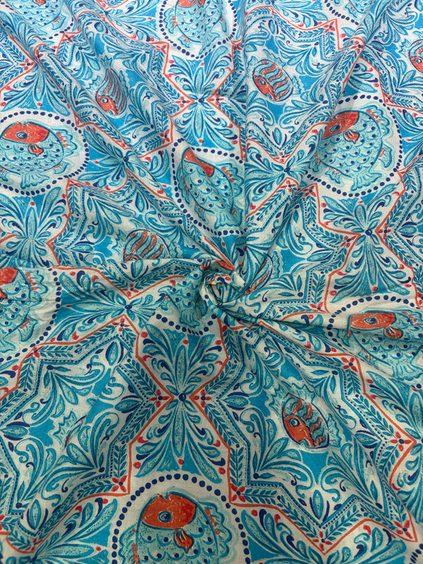 Sky Blue Ceramic-Tile & Fish Hand-Block Printed Cotton Fabric