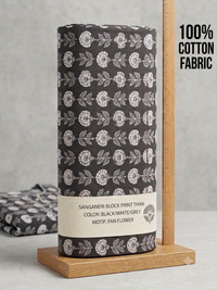 Charcoal Black & Grey Floral Hand-Block Printed Cotton Fabric