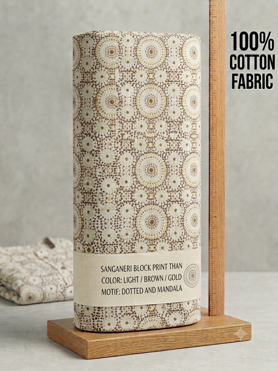 Ochre & Earthy Tonal Mandala Hand-Block Printed Cotton Lurex Fabric