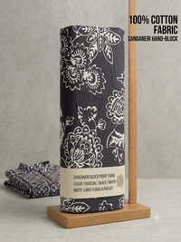 Jet Black Bold Floral Hand-Block Printed Cotton Fabric