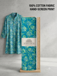Turquoise & Lime Green Floral Hand-Block Printed Cotton Fabric