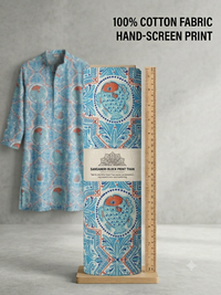 Sky Blue Ceramic-Tile & Fish Hand-Block Printed Cotton Fabric