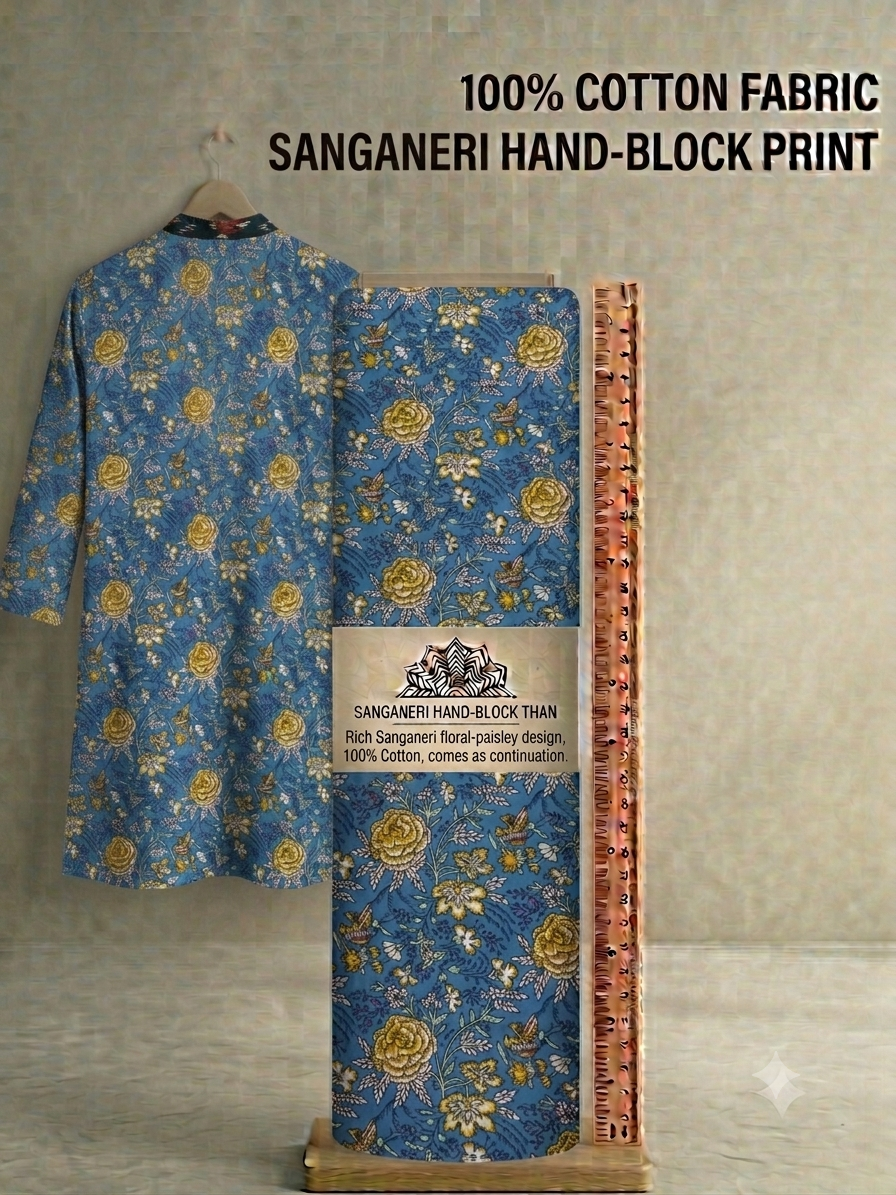 Premium Azure Blue & Yellow Floral Rose Jaal Pure Cotton Fabric