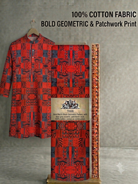 Premium Bold Red & Navy Geometric Tribal Pure Cotton Fabric