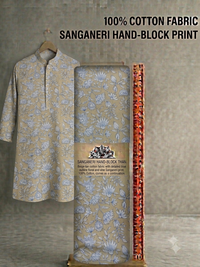 Premium Sandy Beige & Indigo Floral Jaal Pure Cotton Fabric