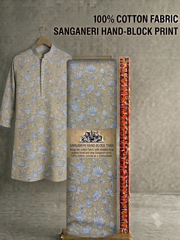 Premium Sandy Beige & Indigo Floral Jaal Pure Cotton Fabric