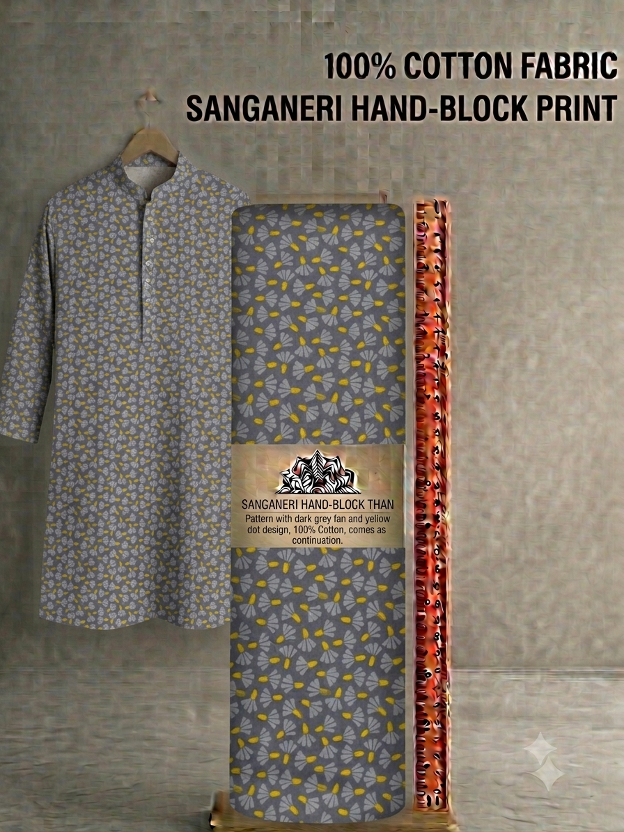 Premium Slate Grey & Mustard Ditsy Floral Pure Cotton Fabric