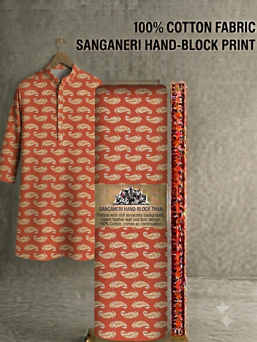 Premium Terracotta Coral Paisley Motif Pure Cotton Fabric