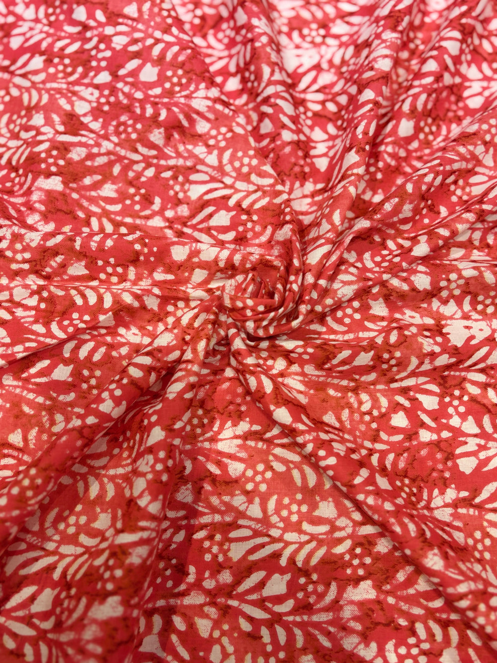 Premium Terracotta & Peach Batik Leaf Printed Cotton Fabric