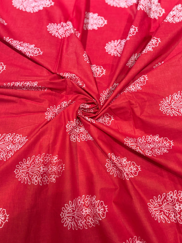 Premium Crimson Red Traditional Sanganeri Buta Printed Cotton Fabric