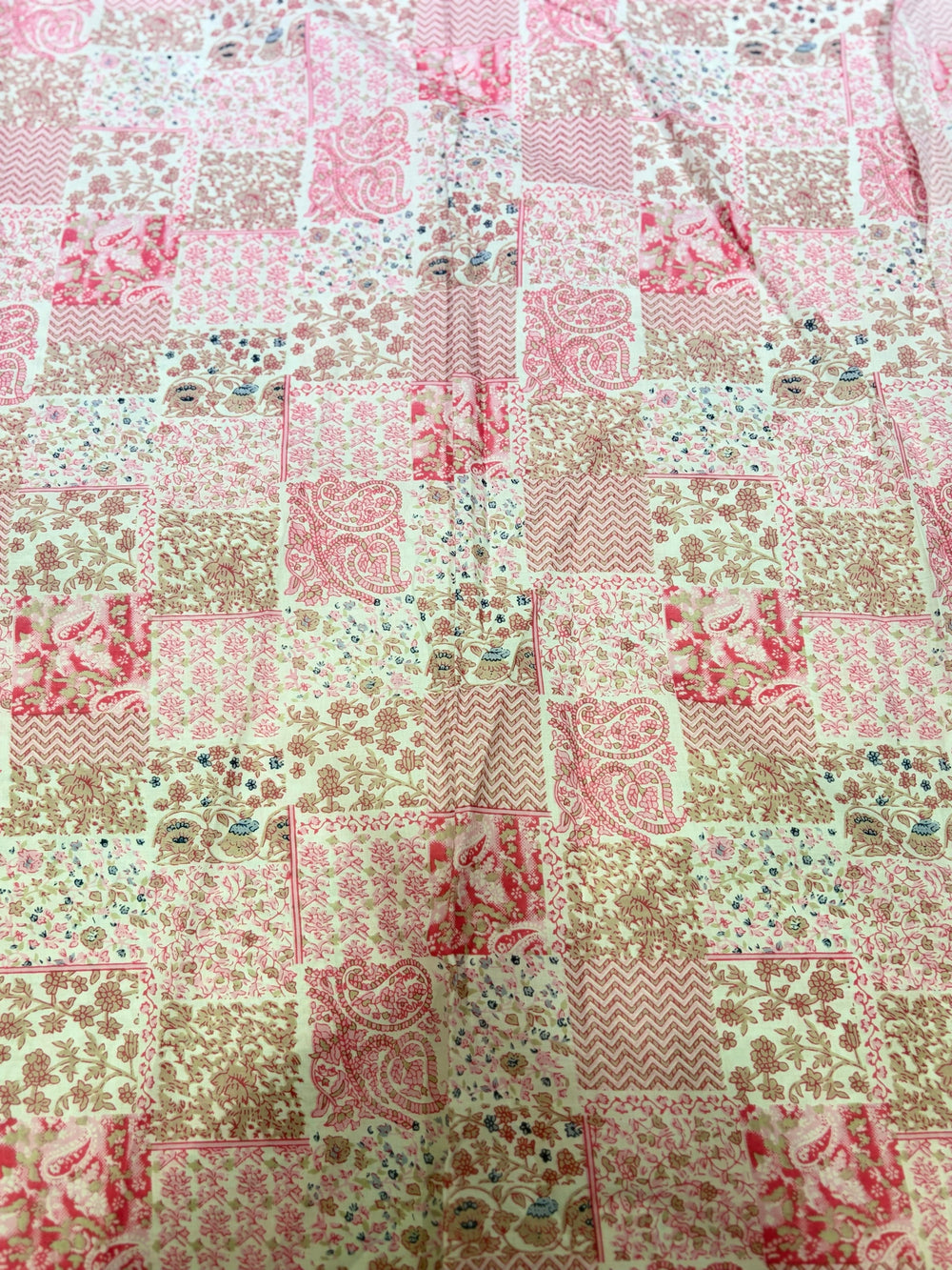Premium Pastel Pink & Beige Patchwork Motif Printed Cotton Fabric