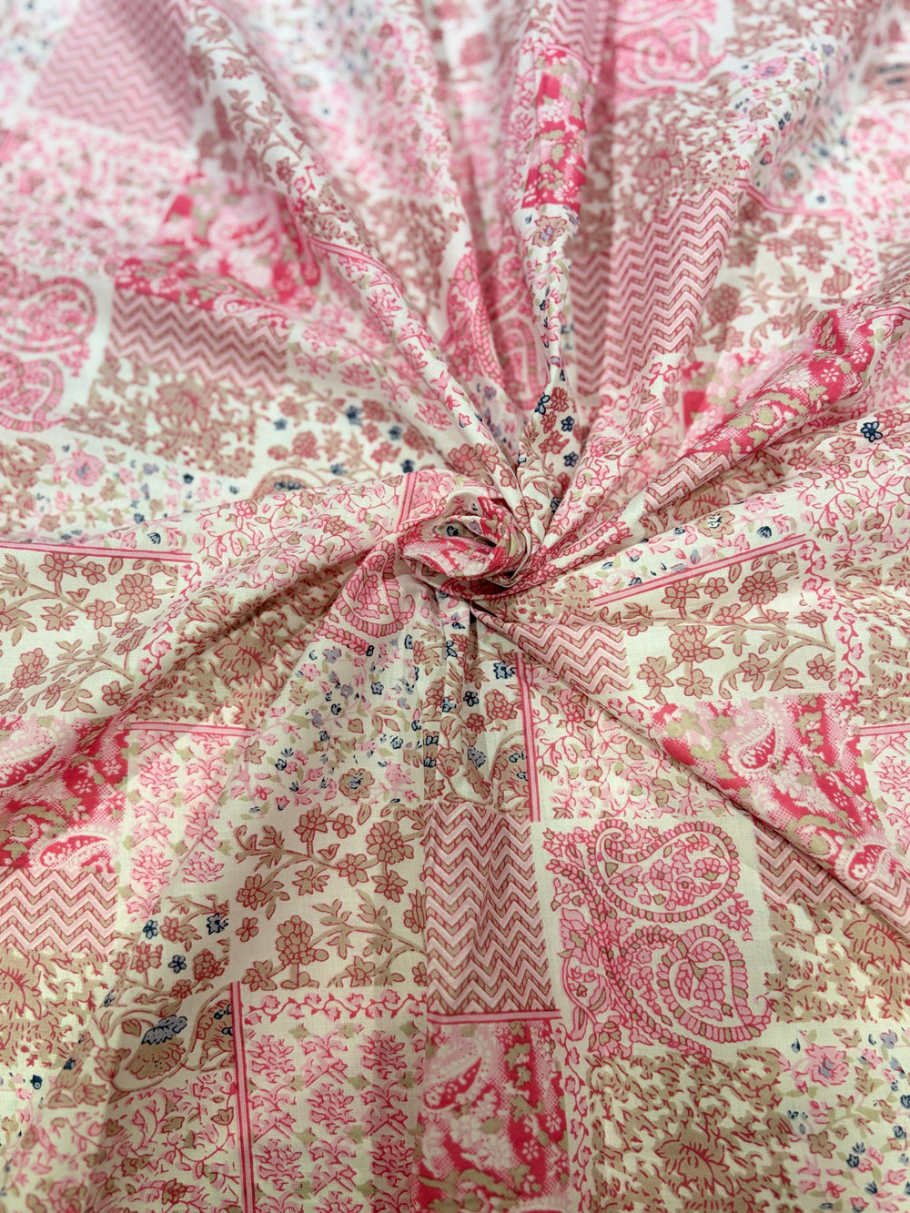 Premium Pastel Pink & Beige Patchwork Motif Printed Cotton Fabric