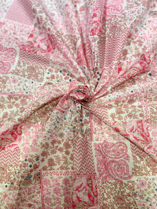 Premium Pastel Pink & Beige Patchwork Motif Printed Cotton Fabric