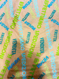 Premium Peach Vintage Italian Typography Printed Cotton Fabric