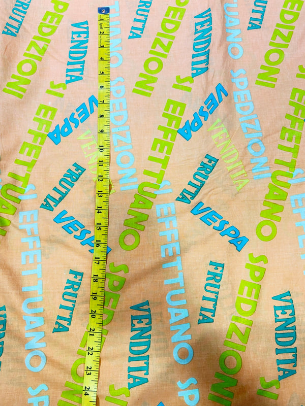 Premium Peach Vintage Italian Typography Printed Cotton Fabric