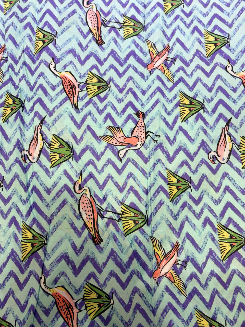 Premium Mint Green Chevron & Avian Whimsical Printed Cotton Fabric