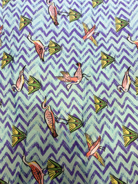 Premium Mint Green Chevron & Avian Whimsical Printed Cotton Fabric