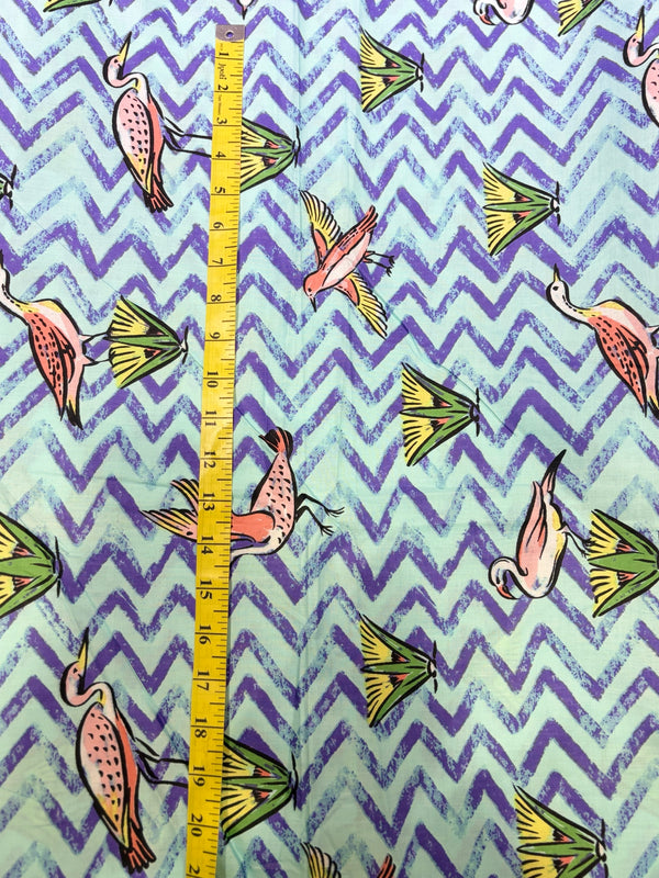 Premium Mint Green Chevron & Avian Whimsical Printed Cotton Fabric