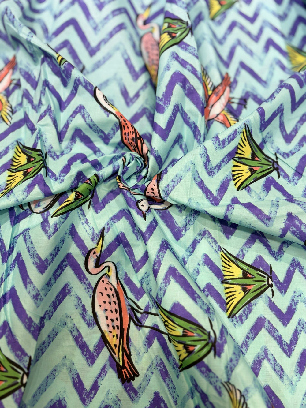 Premium Mint Green Chevron & Avian Whimsical Printed Cotton Fabric