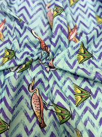 Premium Mint Green Chevron & Avian Whimsical Printed Cotton Fabric