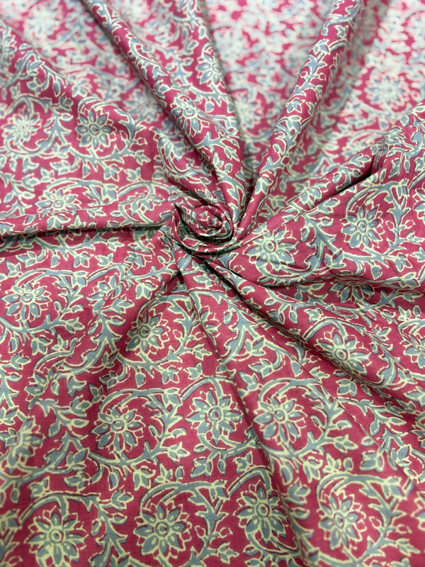 Premium Magenta & Sage Green Traditional Jaal Block Printed Cotton Fabric